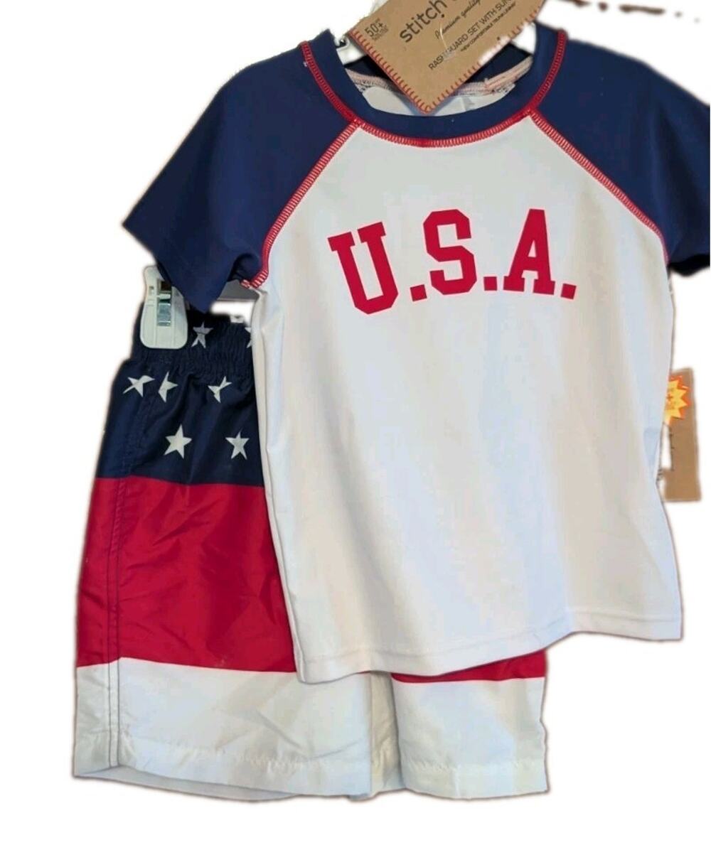 NEW Stitch & Stone Boys 2-pc USA Patriotic Swim Trunks Rash Guard Set Size 4
